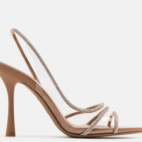 NEW - Zara Women's Tan Strappy Rhinestone High Sandal Heels EU Size 39 / US 8 - Picture 3 of 12